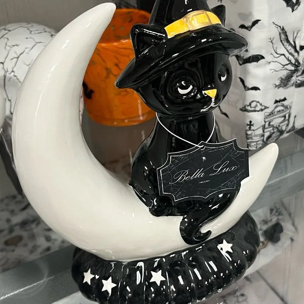 Bella Lux Halloween Black Cat Witch Crescent Moon Ceramic Figurine Decor